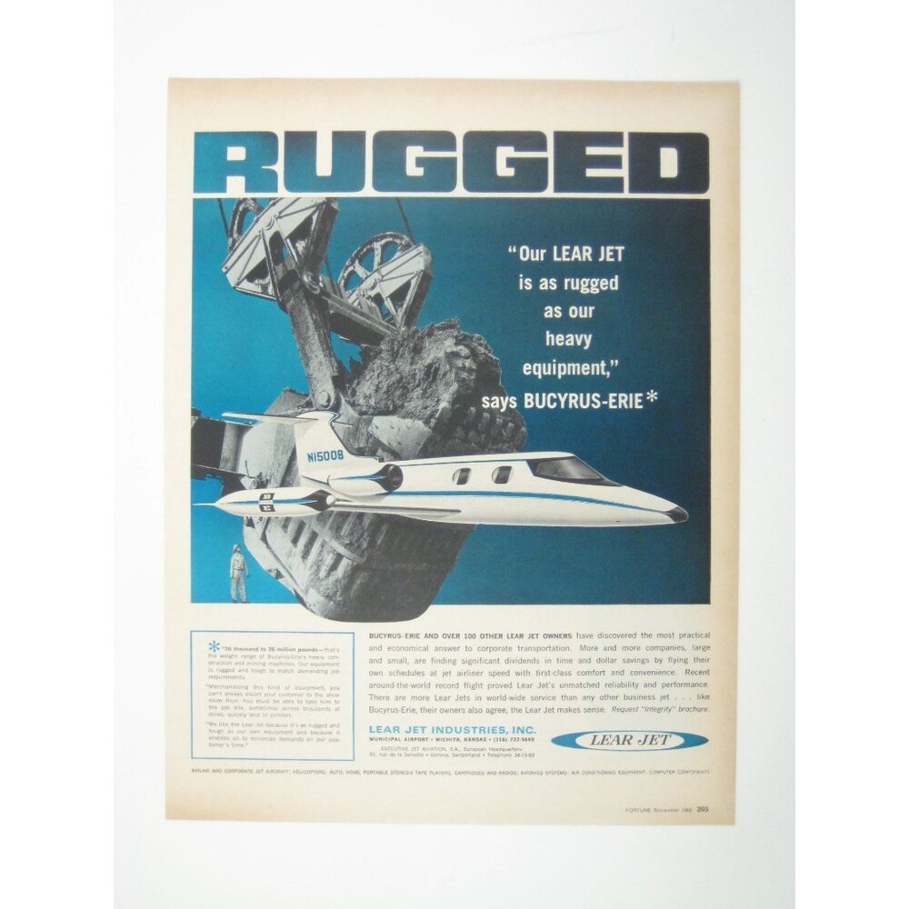 Vintage Lear Jet Advertising Print Bucyrus Erie Quote Rugged Aviation 1966